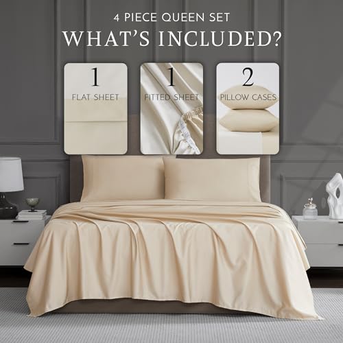 Linen Closet Queen Sheet Set – 4-Piece Cotton Blend, 1200 Thread Count Ultra Soft & Silky Sateen, Moisture Wicking, Wrinkle Resistant, Quick Dry, Deep Pocket up to 18", Durable & Easy Care, Beige Linen Closet