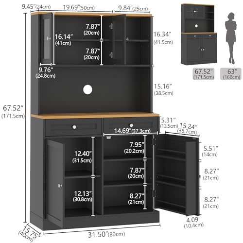 Tall Pantry Cabinet, Modern Kitchen Hutch with Microwave Stand, Kitchen Pantry Storage Cabinet with 2 Darwers & Door Shelf, Food Pantry with Glass Doors & Adjustable Shelves for Dining Room, Black Gyfimoie