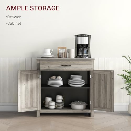 HOMCOM Farmhouse Sideboard Buffet Cabinet, Barn Door Style Kitchen Cabinet, 32" Accent Cabinet for Kitchen, Living Room or Entryway, Gray Wash HOMCOM