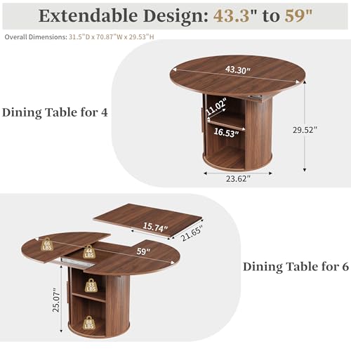 weselon 43"-59" Extendable Round to Oval Dining Table with Hidden Storage, Modern Wooden Kitchen Table with Fluted Sliding Door Cabinet, Expandable Dinner Table for Dining Room Living Room (Walnut) weselon