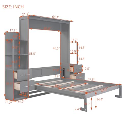 Ball & Cast Wall Bed Queen Size Murphy Beds with 2 Four-Layer Shelves and 4 Drawers,Wood Storage Hideaway Cabinet w/LED Lights,Space-Saving for Home Office,Study,Guest Room,Gray Ball & Cast