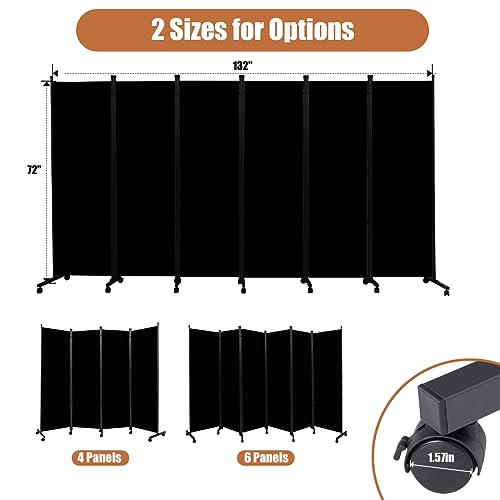 Room Divider Folding Privacy Screens with Wheels, 6FT Tall Divider for Room Separation, Movable Room Partitons and Dividers, Indoor Room Dividers Panel with Fabric (Black, 6 Panel-132‘’-Wheels) HOMSCREENER