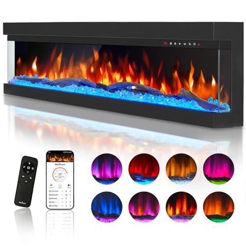 Mexhom 3 Sided Glass Built-in 36" Electric Fireplace - Multi-Color Flames, Heater, DIY Crystal & Log Set, Smart App & Remote Control Mexhom