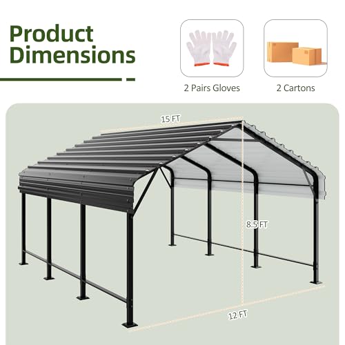 Shintenchi 12x15 FT Carport,Metal Carport with Enhanced Base, Oversized Garage Outdoor Galvanized Shelter,Heavy Duty Carports Canopy for Cars,Boats and Tractors Shintenchi