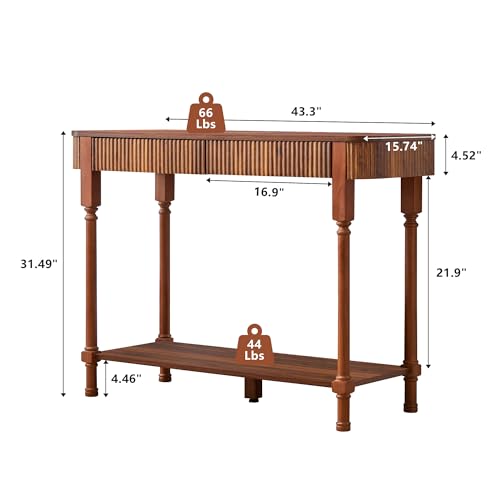 MAHYIZYI Fluted Console Table for Entryway, 43.3'' Narrow Entryway Tables with 2 Wooden Drawers, Retro Sofa Table Behind Couch Accent Tables for Foyer, Living Room, Hallway (Walnut) MAHYIZYI
