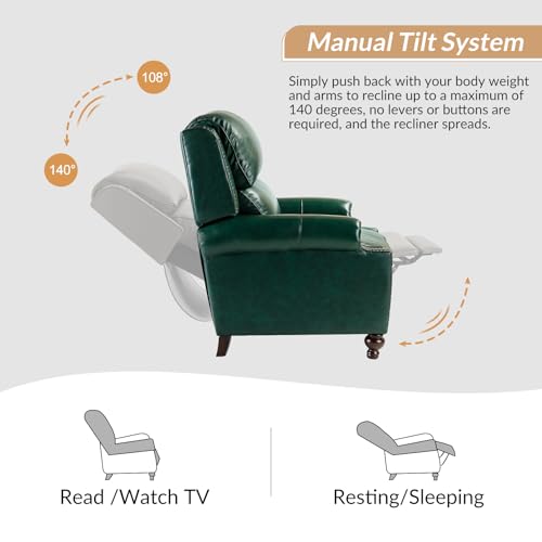 HULALA HOME Genuine Leather Wingback Recliner Chair with Thick Cushioned Seat, Traditional Push Back Leather Recliner with Nailhead Trim, Green