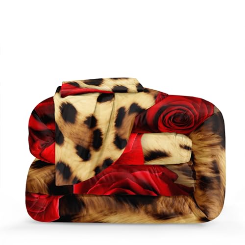 MOVE OVER Cheetah Print Comforter Set King Size Red Rose Flower Bedding Set 4 Pieces Ultra Soft Microfiber Romantic Rose and Leopard Print Comforter Sets for Women and Female MOVE OVER