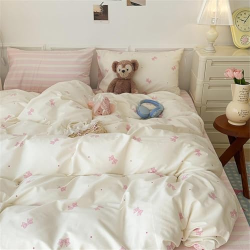 Sedefen Striped Duvet Cover Full Size Pink Stripes Bow Bedding Set 3 Pcs Cotton Princess Style Cute Bowknot Dot Reversible Comforter Cover for Kids Boys Girls with Zipper Closure and 2 Pillowcases Sedefen