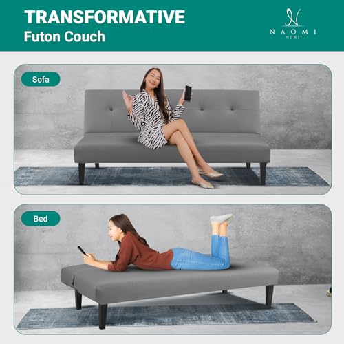 Naomi Home Tufted Faux Leather Futon Sofa Bed - Modern Convertible Folding Couch With Wooden Legs, Reclining Small Bed, Durable and Sturdy, Gray Naomi Home
