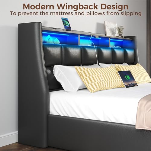 Rolanstar Full Size Bed Frame with LED Lights and Charging Station, PU Leather Bed Storage Headboard & Drawers, Heavy Duty Wood Slats, Easy Assembly, Black Rolanstar