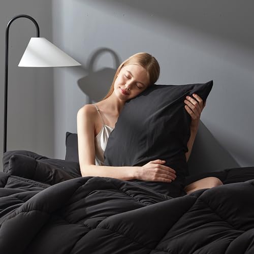 DOWNCOOL Twin Comforter Set -All Season Bedding Comforters Sets with 1 Pillow Case -2 Pieces Bed Set Down Alternative Comforter Set -Black Twin Bedding Sets(64"x88") DOWNCOOL