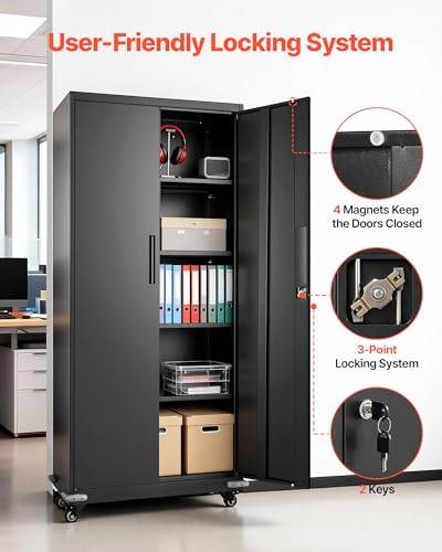 VEVOR Metal Storage Cabinet, 72.6 in Rolling Steel Garage Cabinet with 4 Adjustable Shelves, 2 Magnetic Doors & 2 Keys, 5 Tiers Lockable Tool Storage for Pantry, Warehouse, Basement, Office, Black VEVOR
