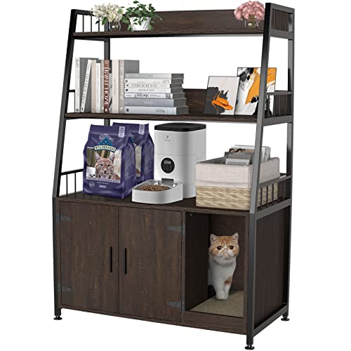 GDLF Large Hidden Cat Litter Box Enclosure Furniture with Shelf Wood Sturdy Cat Washroom Storage with Scratch, Dark Brown GDLF