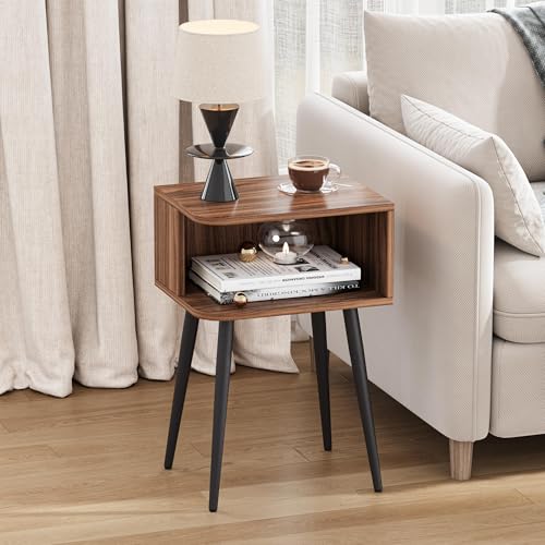 Nightstand Set of 2, Small Bed Side Table for Small Spaces, Mid Century Modern Nightstand End Table with Open Storage, Side Table for Bedroom Living Room, Walnut Brown MLBZ20R-2 MMEOLUOOK