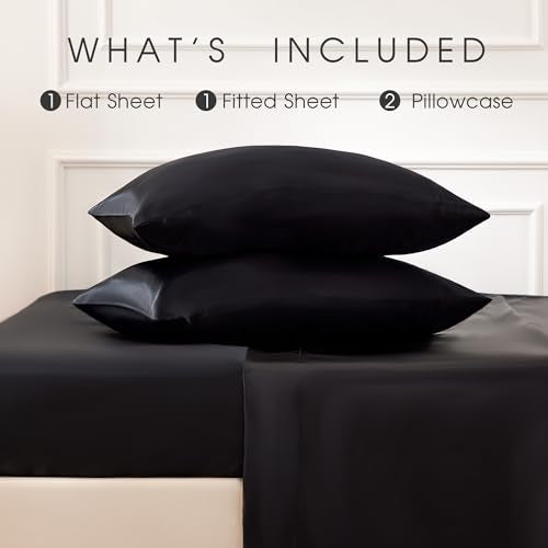 FreshCulture Satin Sheets Queen Size Bed Set- 4 Piece Luxury Soft Silky Queen Sheet Set, Similar to Silk Bed Sheets with 1 Deep Pocket Fitted Sheet, 1 Flat Sheet & 2 Pillowcases (Black) FreshCulture
