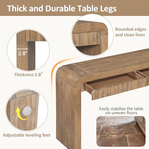 BSYEIO 54.3" Curved Console Table with Fluted Drawer, Rustic Entryway Table and Thick Legs, Sturdy Sofa Table for Hallway & Living Room Wood (Natural) BSYEIO