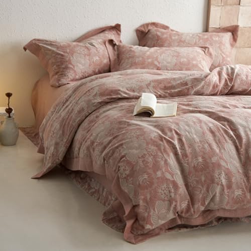 VM VOUGEMARKET Blush Pink Flower Duvet Cover Set Queen,3 Pieces Retro Jacquard Pink Floral Bedding Set,Linen Cotton Yarn-Dyed Textured Duvet Cover with Zipper Closure VM VOUGEMARKET