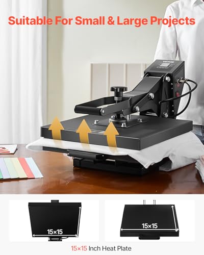 VEVOR Heat Press, 15 x 15 inch Heat Press Machine for T-Shirts, Fast and Even Heating, Easy to Use, High Pressure for Digital Industrial-Quality Sublimation Printer for Transfer Vinyl, T-Shirt, Black VEVOR