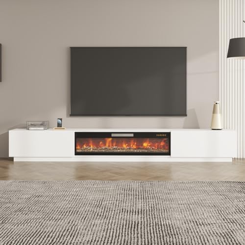 TAMUNE 109" Electric Fireplace TV Stand with 2 Drawers, Media Center with 46" Electric Fireplace, 12 Color Lights, for Living Room Guest Room White 15.7" D x 109.4" W x 14.9" H TAMUNE