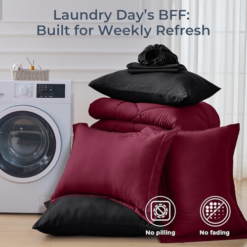 HEVUMYI Red & Black Queen Comforter Set - 7-Piece All Season Burgundy Bed in a Bag Queen, Ultra Soft Bedding Set with Comforter, Flat Sheet, Fitted Sheet, Pillowcases, Pillow Shams, Burgundy HEVUMYI