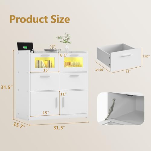 VECELO Dresser for Bedroom with Charge Station and Lights, Chest of 4 Drawers Closet with Raised Edge and Bottom Storage Cabinet, Wooden Organizer for Hallway Living Room, White VECELO