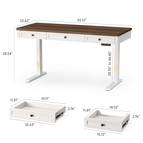 ONBRILL Standing Desk with 3 Drawers, 55 x 24 Inch Electric Height Adjustable Desk with Storage & Outlets, for Computer Workstation, Home Office, Retro Curved Table Corner & Drawers, Walnut ONBRILL