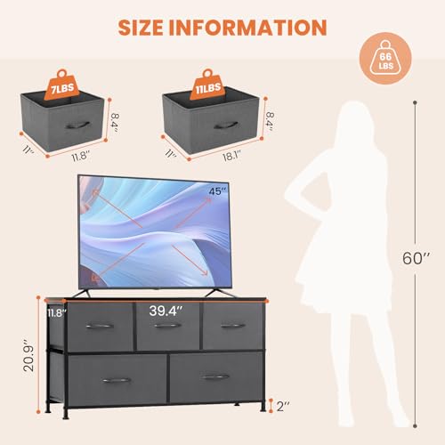 Dresser for Bedroom with 5 Drawers, Anti-Tip Wide Fabric Chests Storage Organizer Tower Furniture, TV Stand for TV up to 45 inch with Wooden Top Metal Frame for Clothes, Living Room, Hallway, Entryway Atilioo