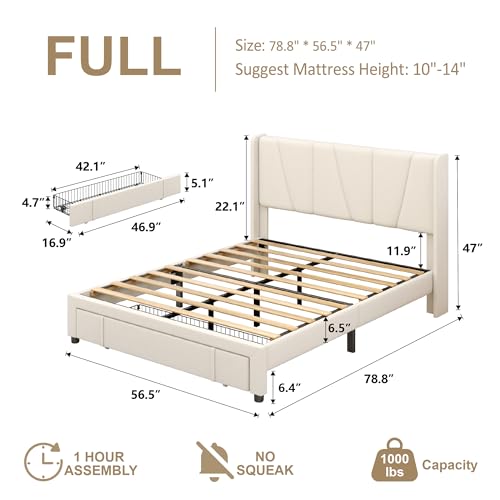 Full Bed Frame with Storage Drawers, Velvet Upholstered Full Size Platform Bed with 47" Tall Headboard and Wingboard, No Box Spring Needed, Noise Free, Easy Assembly, Wooden Support Slats, Beige viplov