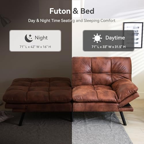 Erdoru Convertible Futon Sofa Bed,71" Modern Premium Faux Leather Futon Couch with Adjustable Backrest&Armrest,Small Loveseat Sleeper Sofa,Dorm Futonsofa for Apartment,Living Room,Whisky Brown Erdoru