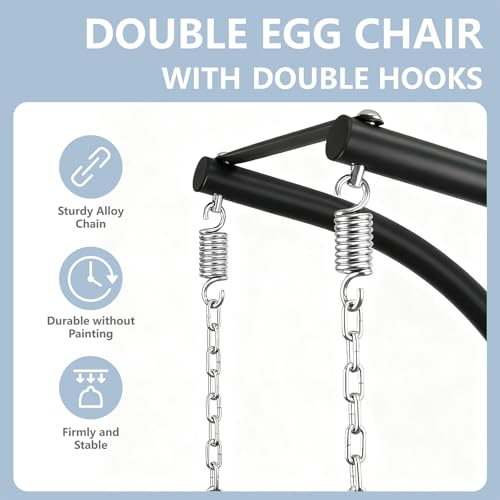 SWITTE Double Egg Swing Chair with Stand, Outdoor Patio 2 Person Hanging Wicker Hammock Chairs with Cushion for Indoor Bedroom, Lawn, Garden-Dark Grey SWITTE