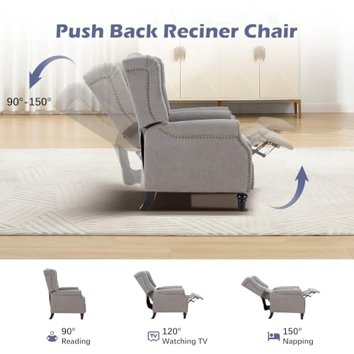 EBELLO Push Back Recliner Chair, Fabric Accent Chair Pushback Recliner with Rivet Decoration, Button-Tufted Back, Mid Century Wingback Armchair for Living Room, Bedroom, Grey