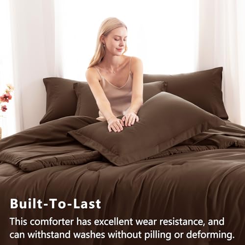 CozyLux Full Size Comforter Sets Brown, 7 Pieces Bed in a Bag Full Comforter Set with Sheets, Luxury Soft Bedding Set with Down Alternative Comforter, Fitted Sheet, Flat Sheet, Pillowcases & Shams