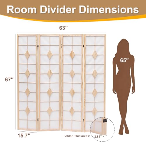 Shoji Room Divider, 67 Inch Tall Japanese Style Room Divider, Folding Privacy Shoji Screen, Dividers for Room Separation, Portable Partition for Home Office - 4 Panel (White) ZFFURN