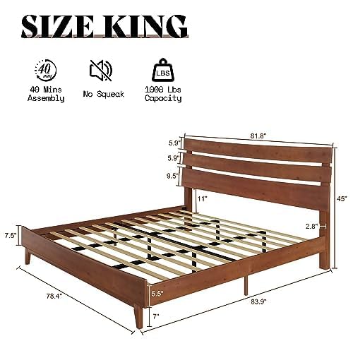 VanAcc King Size Solid Wood Bed Frame, Mid-Century Platform Bed with Slatted Headboard, Wood Slat Support/No Box Spring Needed/Walnut VanAcc