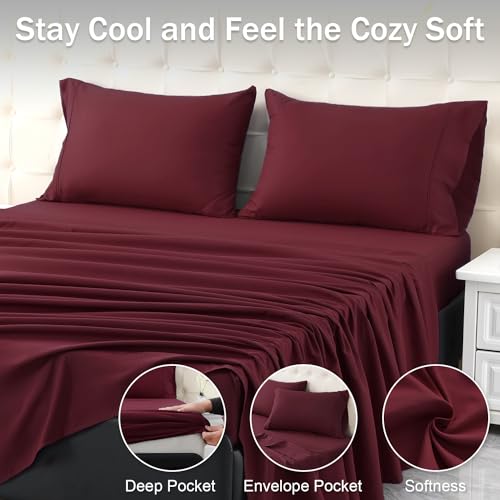 MICORAL Queen Bed Sheets Set, Soft Breathable Bedding Sheet Set, Sheets Set with 16" Deep Pocket Design (4 Pieces, Queen, Wine Red) MICORAL