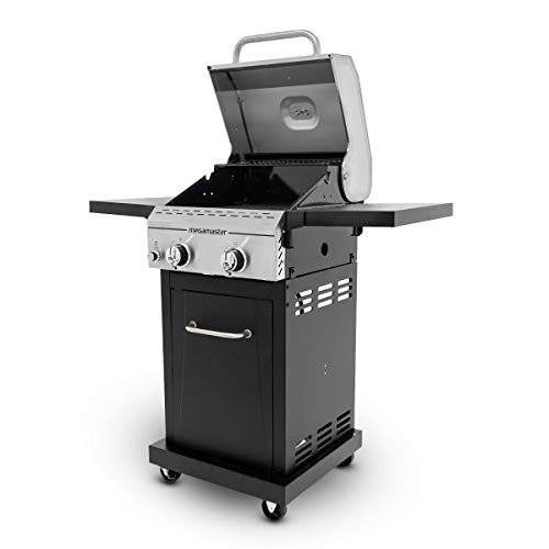 Megamaster 2-Burner Propane Barbecue Gas Grill with Foldable Side Tables, Perfect for Camping, Outdoor Cooking, Patio, Garden Barbecue Grill, 28000 BTUs, Silver and Black, 720-0864MA Megamaster
