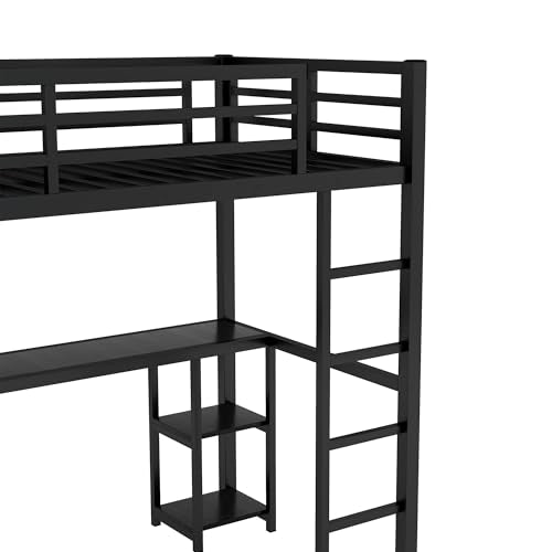 Bellemave Metal Twin XL Size Loft Bed with Desk and Wardrobe,Heavy Duty Loft Bed Frame with Storage Shelves for Kids,Teens,Adults, Space Saving,Black Bellemave