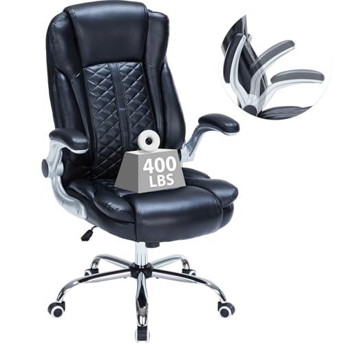 400lbs Executive Office Chair with Flip-Up Armrests, Big and Tall Computer Chair for Heavy People, Heavy Duty Ergonomic Comfy Chair, Breathable PU Leather (Black) HESL