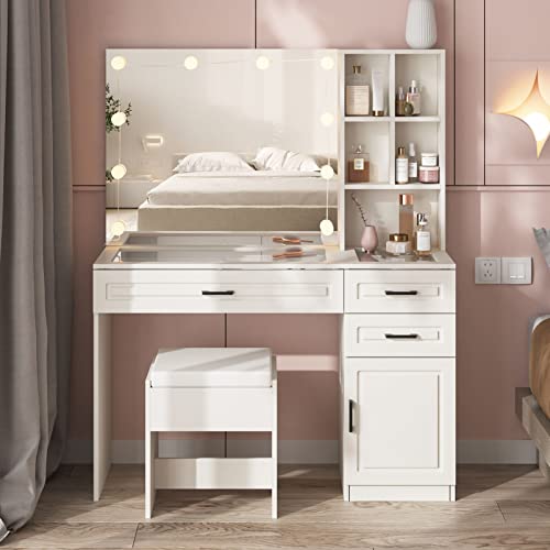 Fameill White Vanity Desk with Mirror and Lights,Glass Top Vanity Table with 3 Drawers and Cabinets,Large HD Mirror Makeup Desk,3 Lighting Modes, Brightness Adjustable,45 in(L) Fameill