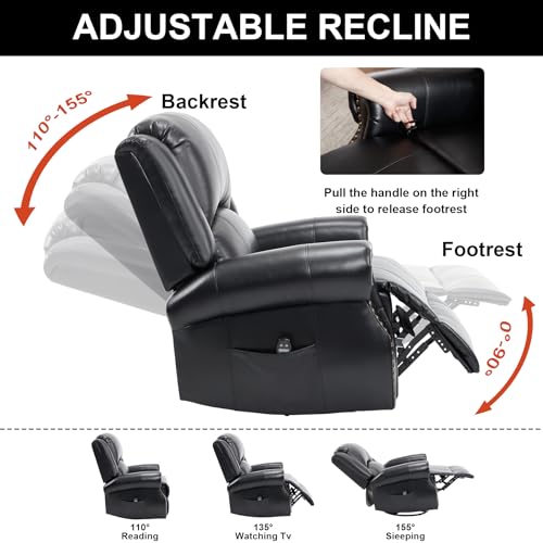 RHHVVR Classic Rivets Leather Power Recliner Chair for Living Rooms, Swivel Rocker Recliner Chair with Heat and Massage, Wall Hugger Glider Reclining Sofa for Small Spaces, Black RHHVVR