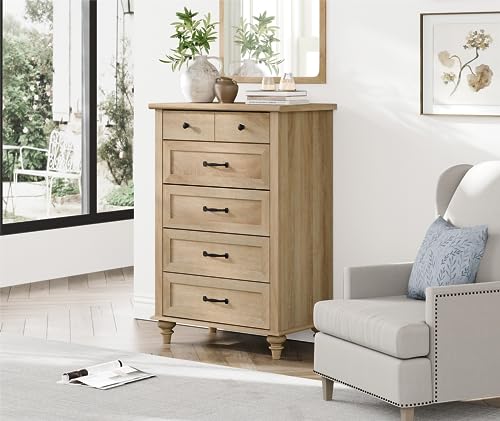WAMPAT Small Dresser for Bedroom with 5 Drawers & Solid Wood Legs, Mid Century Modern Chest of Drawers Vertical Dresser Storage Organizer, Farmhouse WAMPAT