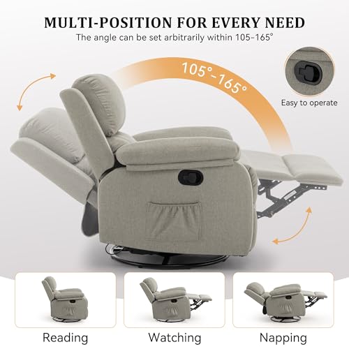 Korser Recliner Chair, 360 Swivel Rocker Chair for Adults, Small Rocking Recliner for Small Spaces, Upholstered Fabric Glider Recliner Nursery (Swivel Rocker Recliner, Light Khaki)
