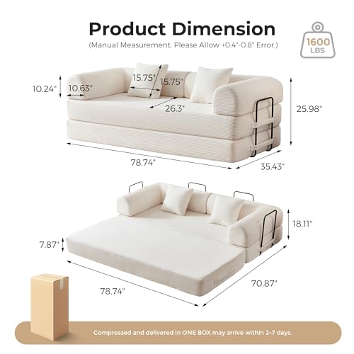 79" Convertible Sofa Bed No Assembly, 5-in-1 Sleeper with Fixed Frame & Corduroy Cloud Cushion, Foldable Futon Couch for Small Apartment, Guest Room, Office (Beige White) Bsxupke