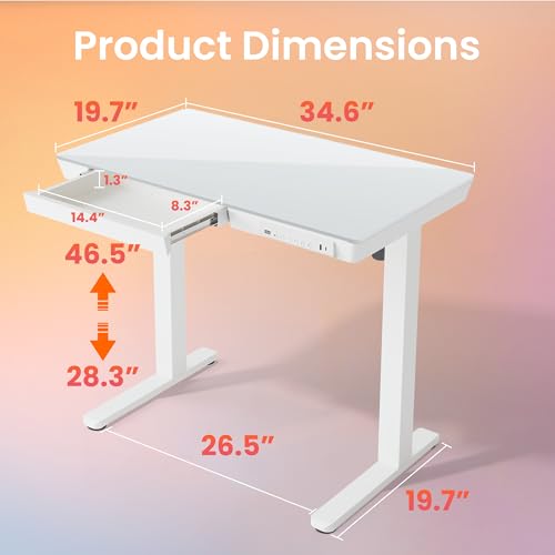 HUANUO Glass Standing Desk with Drawers, 35 x 20 Inch Electric Adjustable Height Desk, Quick Install One-Piece Tabletop with USB Charging Ports, White HUANUO