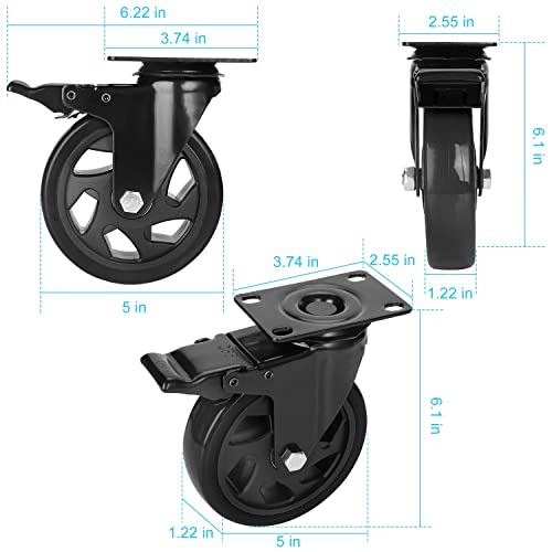 PRITEK 5 inch Caster Wheels Bearing 1800lbs 4 Pack Heavy Duty Rubber Plate Casters All with Safety Brake No Noise Lockable Swivel Casters (Include PRITEK