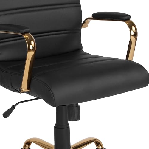 Flash Furniture Whitney Mid-Back Swivel LeatherSoft Desk Chair with Wheels, Padded Seat and Armrests, Adjustable Height Padded Office Chair, Black Flash Furniture