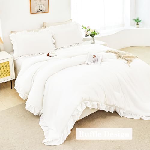 ANGIYUIN White Ruffle Comforter Set Twin 5 Pieces Ruffled Bed in A Bag with Sheets Soft Farmhouse Bedding Sets for Kids Girls Teens(White Twin) ANGIYUIN