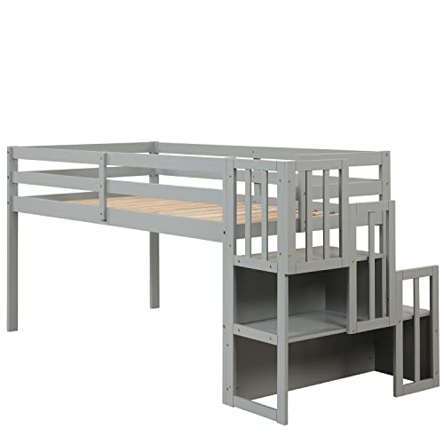 CITYLIGHT Twin Size Low Loft Bed for Kids, Low Loft Bed Wood with Stairs and Storage for Girls, Boys, Wood Slat Support, Gray CITYLIGHT