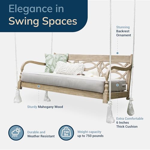 Cambridge Casual Renley Mahogany Porch Swing Bed with Oyster Cushion – Outdoor Hanging Swing Daybed for Patio, Backyard, or Garden – Durable Solid Wood, Weather-Resistant Cambridge Casual