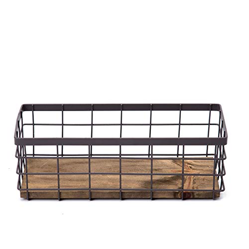 TIEYIPIN Small Metal Wire Storage Basket, Detachable Wood Base Storage Organizer Bin Basket for Kitchen Cabinets, Bathroom, Pantry, Garage, Laundry Room - Brown TIEYIPIN